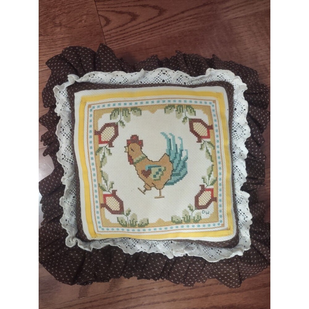 Handmade Needlepoint Rooster Chicken Square Throw Pillow for Couch